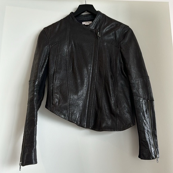 Helmut Lang Blistered Asymmetric Leather Jacket with cloth detailing on sleeves - Picture 5 of 7